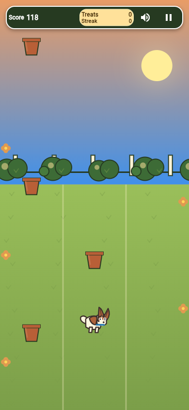 Treat Dash development gameplay with clay-pot obstacles across three grassy lanes.